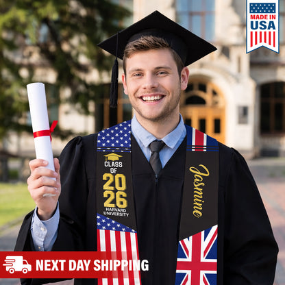 Custom Mixed Flag Graduation Stole Personalized Sash Class of 2026 Flag Stole Gifts