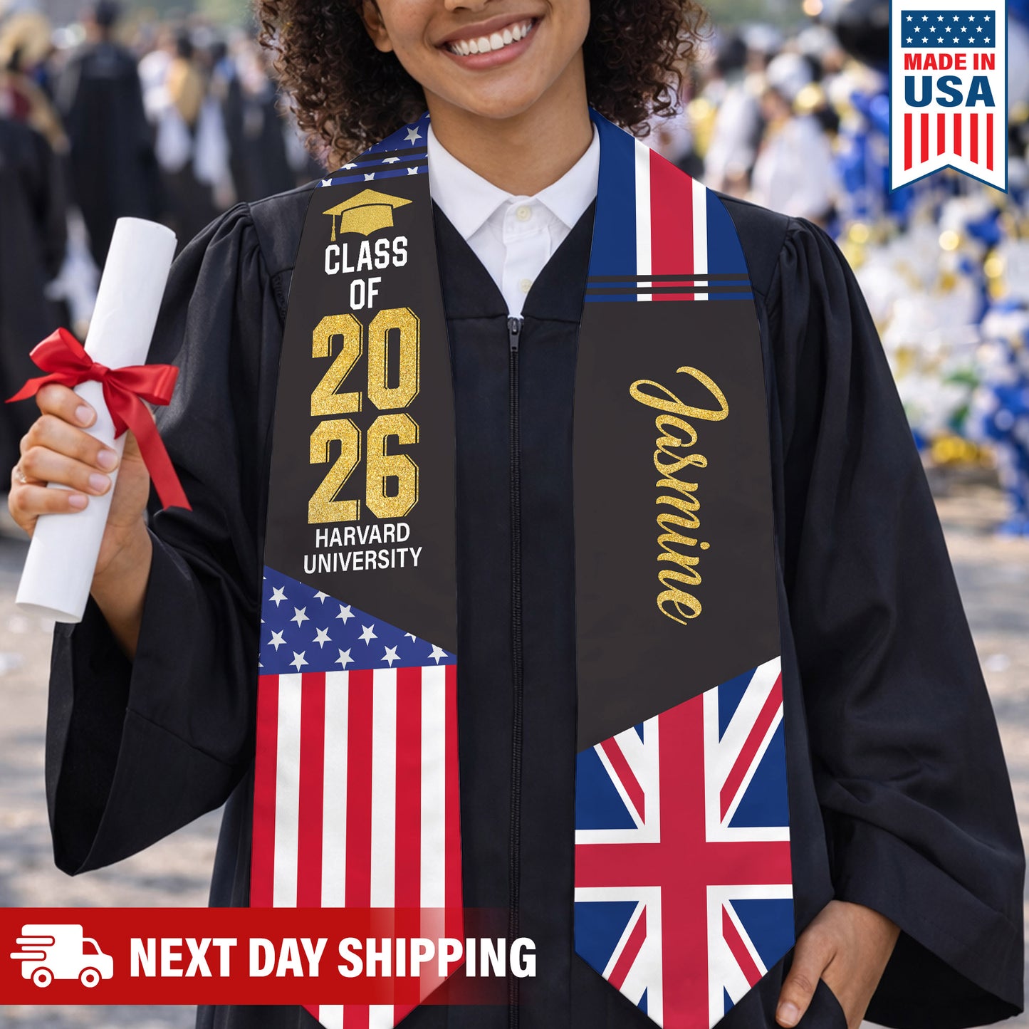 Custom Mixed Flag Graduation Stole Personalized Sash Class of 2026 Flag Stole Gifts