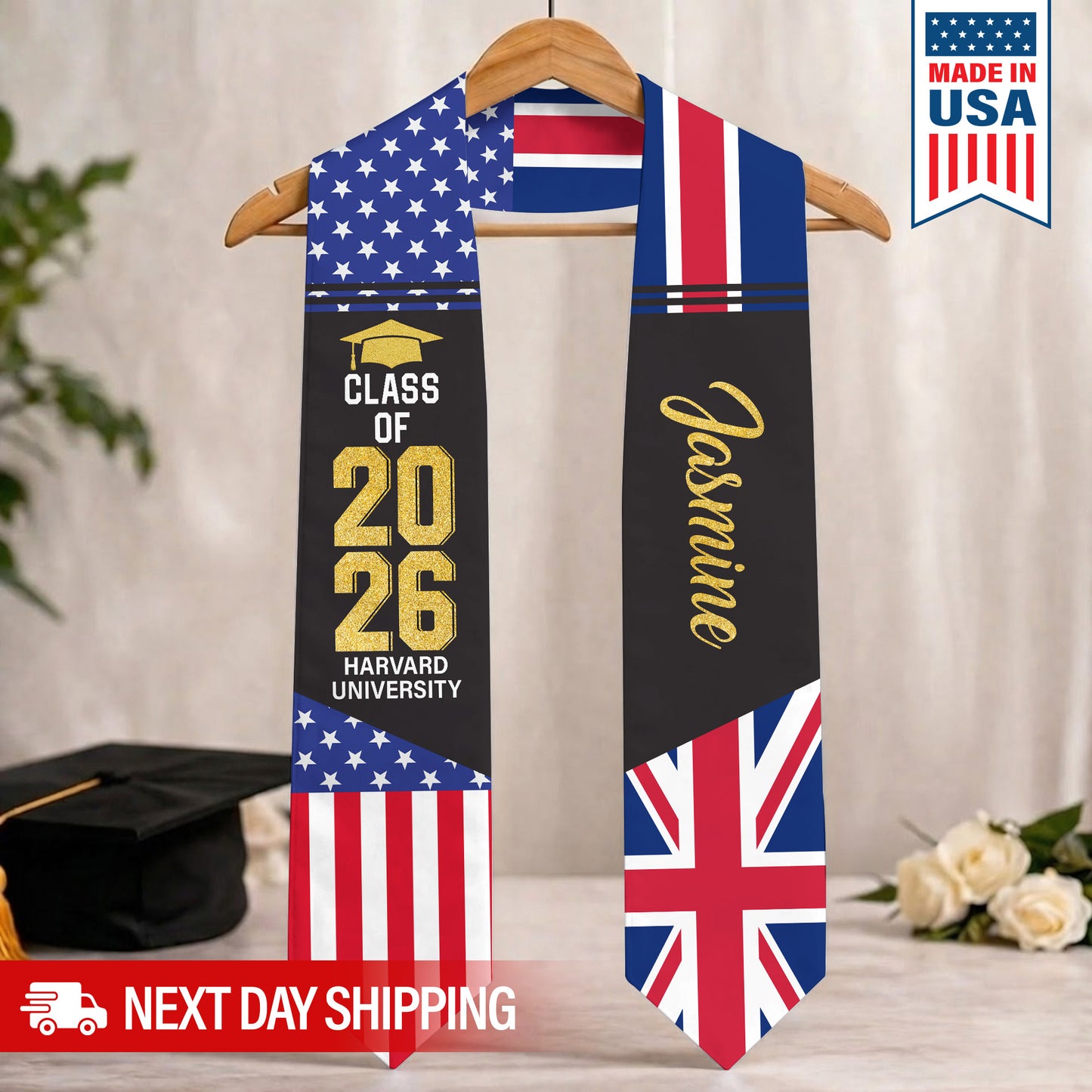 Custom Mixed Flag Graduation Stole Personalized Sash Class of 2026 Flag Stole Gifts