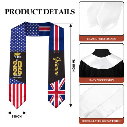 Custom Mixed Flag Graduation Stole Personalized Sash Class of 2026 Flag Stole Gifts