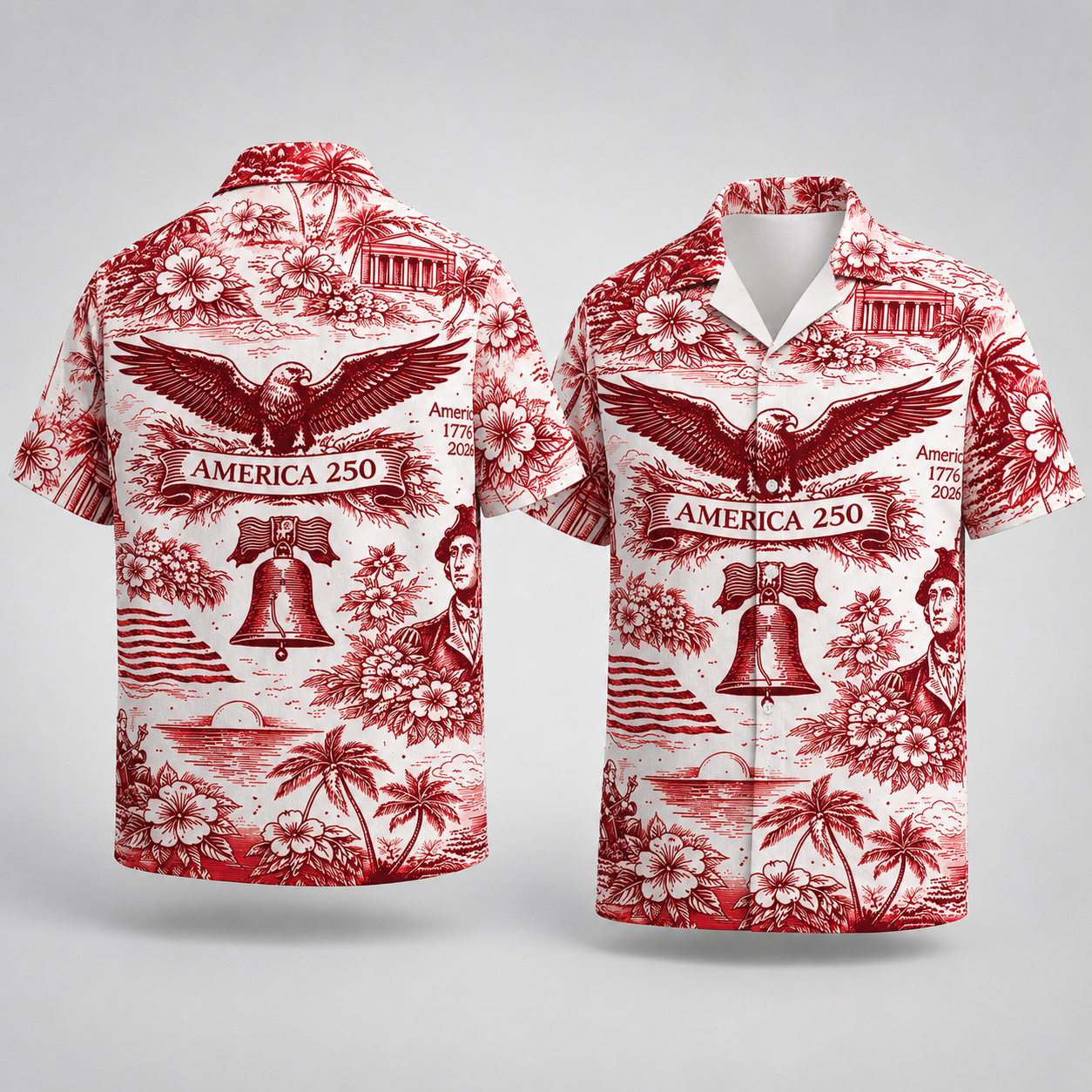 America 250th Anniversary Toile De Jouy Style USA Patriotic Hawaiian Shirt