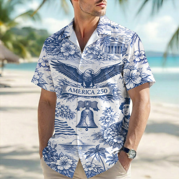 America 250th Anniversary Toile De Jouy Style Patriotic Hawaiian Shirt