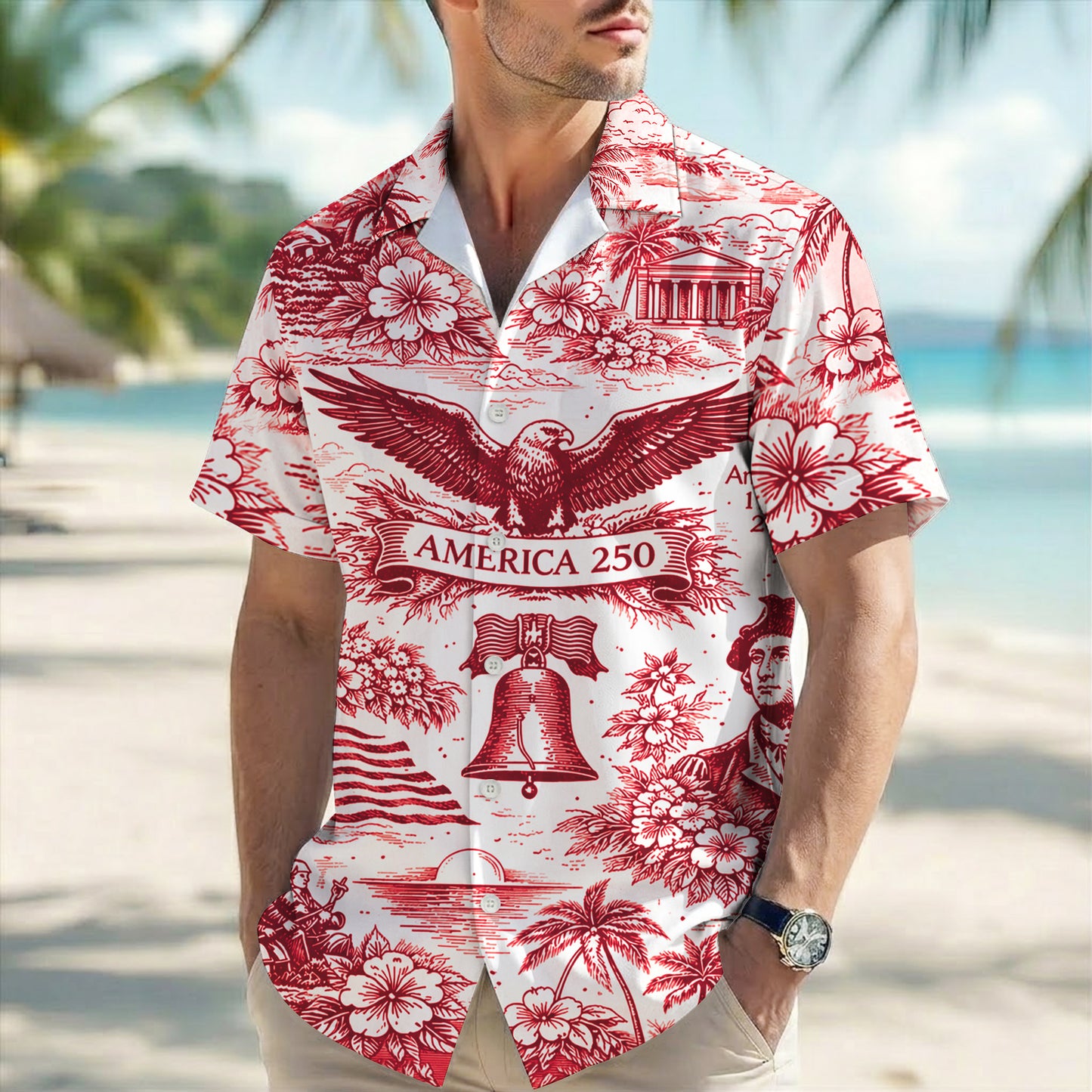 America 250th Anniversary Toile De Jouy Style USA Patriotic Hawaiian Shirt