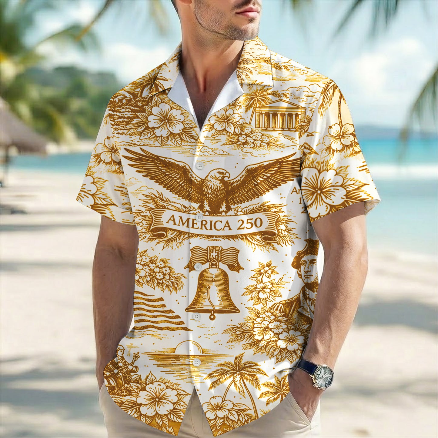 America 250th Anniversary Toile De Jouy Style USA Patriotic Hawaiian Shirt