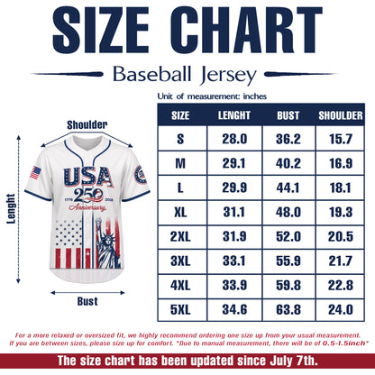 Personalized America 250 Years Patriotic - USA 250th Anniversary Baseball Jersey