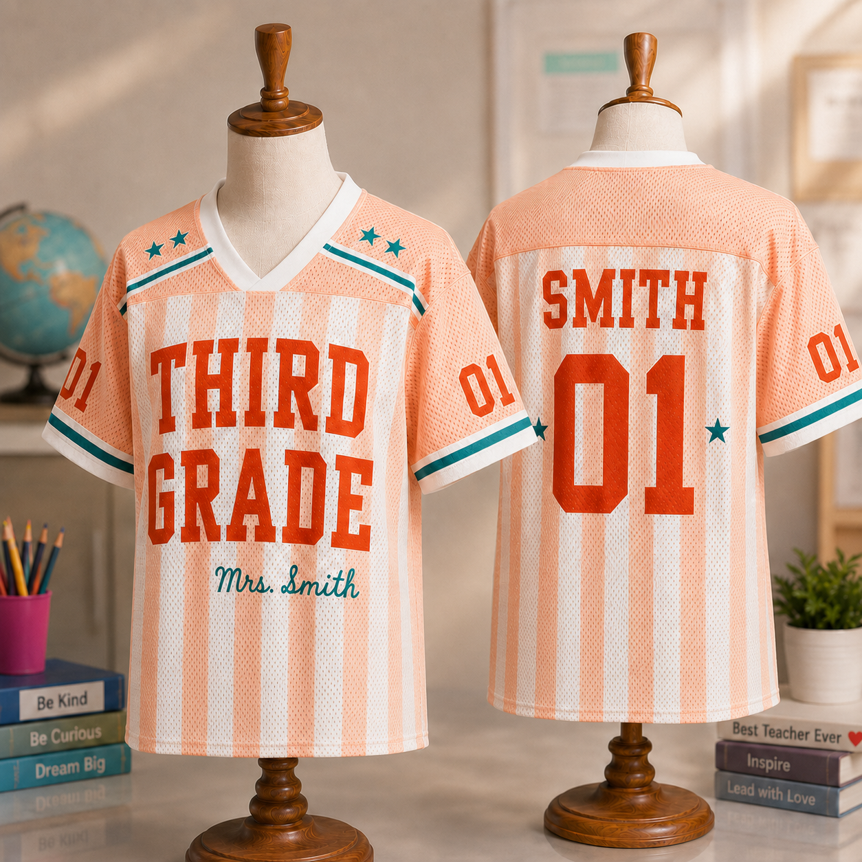 Personalized First Grade Teacher Shirt Drop Shoulder Mesh Football Jersey