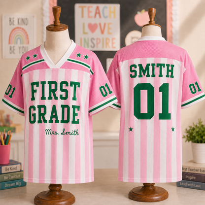 Personalized First Grade Teacher Shirt Drop Shoulder Mesh Football Jersey