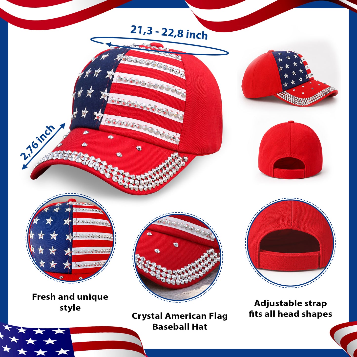 American Flag Rhinestone Bling 250th Anniversary Baseball Cap – Patriotic USA Hat